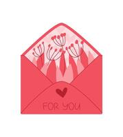 Cute valentine card with heart and flower design inside envelope. Pink card holds message and handwritten note for loved ones. Concept of love, celebration, romantic holiday, ideal for greetings. vector