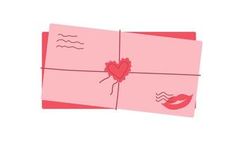 Flat valentine card with heart and love message, surrounded by envelope and mail detail. Cute design for romantic celebration, greeting or invitation. Perfect for sending love notes or letters. vector