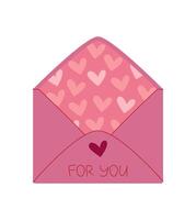 Pink envelope with heart pattern holds romantic card and message. Cute design suitable for greeting and valentine celebration, flat style, perfect for holiday correspondence or invitations. vector