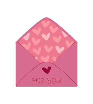 Pink envelope with heart pattern holds romantic card and message. Cute design suitable for greeting and valentine celebration, flat style, perfect for holiday correspondence or invitations.