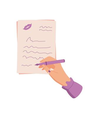 Cute girl hold pen and write romantic letter on paper with doodle accents. Heart message concept and love correspondence, flat style illustration ideal for greeting card designs.