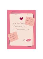 Paper note with love message and cute heart design. Flat envelope and card, perfect for sending love notes. Ideal for romantic occasions, stationery design, gift ideas. vector