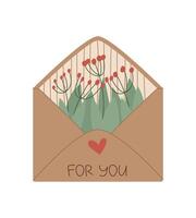 Flat envelope with flower design and love note. Romantic card featuring a heart icon and handwritten message. Ideal for greeting, holiday correspondence, creative stationery themes. vector