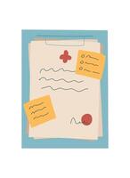 Flat cartoon letter and note with envelope and seal, featuring creative designs on paper. Concept of message communication, ideal for love notes greeting card usage. vector