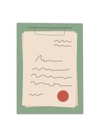 Handwritten letter and note on paper with envelope and seal, in a flat graphic cartoon graphic style. Concept of communication, correspondence, love, suitable for stationery or greeting card designs. vector