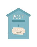 Flat postbox icon for mail delivery with a note and envelope. Concept of message, letter, and correspondence. Creative visual style, suitable for stationery or holiday invitations. vector