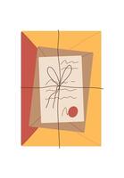 Handwritten letter and vintage envelope with seal, accompanied by a postcard and note. Concept of love, communication, correspondence, flat cartoon graphic style, ideal for romantic invitations vector