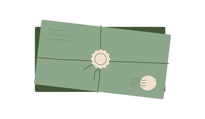 Vintage letter and envelope with simple card and seal, representing love communication. Flat cartoon graphic style showcases the concept of correspondence mail. Suitable for greeting or invitation