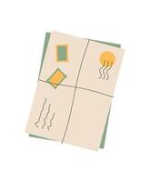 Flat paper card with handwritten message and doodle elements. Colorful envelope and postcard for holiday greetings. Concept of communication, love, creative stationery. Ideal for notes or vector