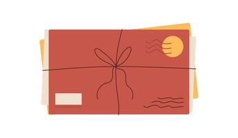 Flat cartoon postcard bundle tied with a string, featuring an envelope and card. Creative stationery for messages, invitations, and love notes. Ideal for holiday greetings, romantic correspondence, vector