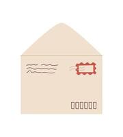 Flat envelope with a stamp and post details. Vintage design of mail featuring a message and icon. Ideal for creative stationery, invitations, communication themes. vector
