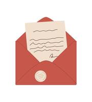 Letter inside red envelope with handwritten note and seal. Correspondence symbolizes love and message in creative style. Ideal for communication themes, invitations, or greeting cards. vector