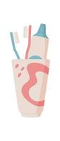 Toothbrush and toothpaste in a cup for hygiene and cleaning. Simple flat design highlighting cosmetic products, suitable for care themes daily hygiene usage. vector