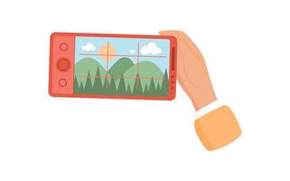 A user holds a smartphone in their hand. A hand grips a mobile phone capturing photo. The application displays camera screen on the device, flat visual style, suitable for media and technology. vector