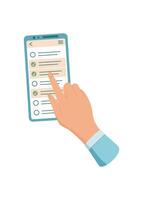 A hand holds a smartphone screen. A user interacts with a mobile app using gesture. Engaging with the phone allows for online access, social media connection, and modern communication. vector