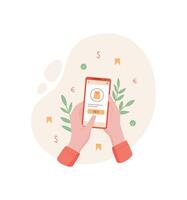 A user holds a phone with payment app. The mobile device features a clear screen for transactions. This context represents technology and online business interactions, simple yet effective. vector