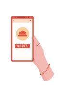 Mobile phone in hand. User holds smart device displaying an order application interface. Customer taps for delivery service, digital technology, online shopping, and practical use in everyday tasks. vector