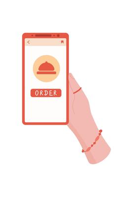 Mobile phone in hand. User holds smart device displaying an order application interface. Customer taps for delivery service, digital technology, online shopping, and practical use in everyday tasks.