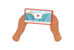 Hands hold a smartphone with a play screen. A user interacts with mobile device to enjoy media. A person touches the screen for app functionality, digital technology, online communication, vector