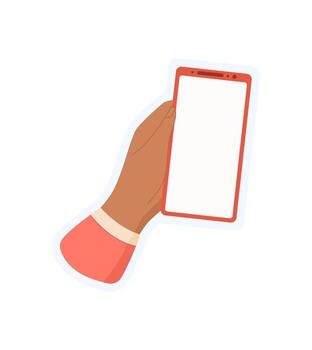 mano sostiene un teléfono inteligente pegatina. usuario muestra un móvil dispositivo. digital plantilla, plano diseño, adecuado para aplicación promoción o en línea comunicación, utilizando social medios de comunicación. vector