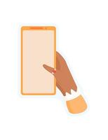 Sticker of hand holding phone. Template of smartphone held in a users palm. Digital application and gesture, modern screen for versatile use. vector