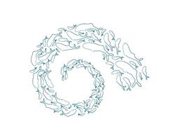 Whale school silhouette pattern. Group of aquatic creatures in a round shape. Ocean life, chalk texture, undersea context, potential for summer designs. vector