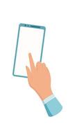 A hand holds a mobile phone with an empty screen. A user touches the template screen with a finger for various applications. This scene captures technology in flat style, ideal for digital vector