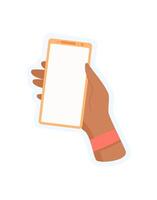 Hand holds a smartphone. A sticker showcasing the gesture of a user with mobile device. Template for digital applications, flat design, ideal for social media and user engagement. vector