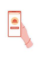 Sticker of hand holding phone. Illustration of mobile app with order button. Digital device concept, simple style, ideal for media, online commerce, or delivery services. vector