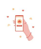 A hand holds a phone displaying an order app. The user interacts with a mobile application for delivery service. A graphic illustration emphasizing technology focused on online ordering. vector