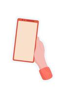 Hand holding phone with blank screen. User maintains smartphone sticker in palm. Digital template, simple graphic, suitable for applications in social media and technology contexts. vector