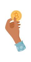 Hand holding bitcoin coin. Gesture of a human presenting a crypto currency. Payment concept, flat style, suitable for financial and business use. vector