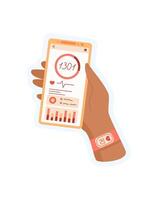 Hand holds a smartphone with an app open on screen. User interacts with the mobile device in a digital context. Cool gesture representation, sticker style, suitable for technology promotion. vector