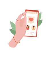 A hand holds a phone with dating app. Mobile device displays an online chat interface. User interacts with social features, flat design style, useful for lifestyle and technology concepts. vector