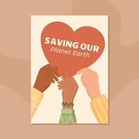 Flat banner about volunteer and community with a heart and hands. Symbol of love, solidarity, support. Represents global care for planet earth environmental unity. vector