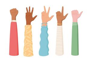 Cartoon hand count gesture set in vibrant sleeves. Graphic depiction of fingers counting numbers. Diverse people illustration, flat style, ideal for educational use. vector