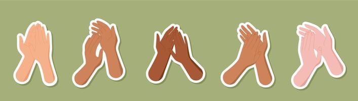 Colorful clapping hands in cheerful gesture with diverse skin tones sticker set. Multicultural symbol of people uniting through applause and recognition. Sticker set ideal for celebration, community vector