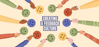 Flat feedback culture with customer review and survey concept. Hands hold emoji faces for feedback, opinion, and satisfaction. Creative marketing for client support, colorful layout business success. vector