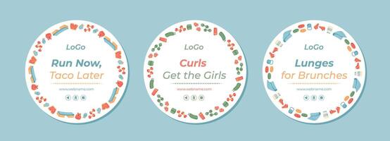 Flat colorful circle frames with healthy fitness and gym themes set. Patterned borders highlight sport equipment and banner designs. Perfect as a workout decoration or vibrant background for health vector