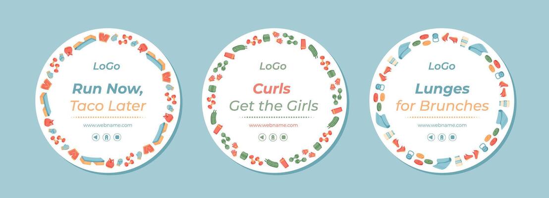 Flat colorful circle frames with healthy fitness and gym themes set. Patterned borders highlight sport equipment and banner designs. Perfect as a workout decoration or vibrant background for health