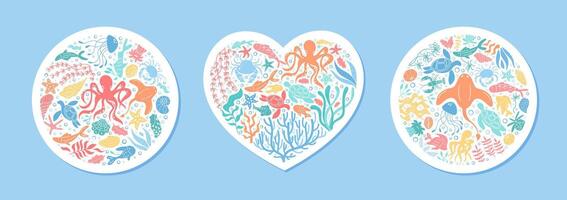 Underwater cartoon design with heart and circle shapes sticker. Aquatic life with octopus, jellyfish, fish, and turtles. Marine creatures form colorful round stickers for ocean themes. vector