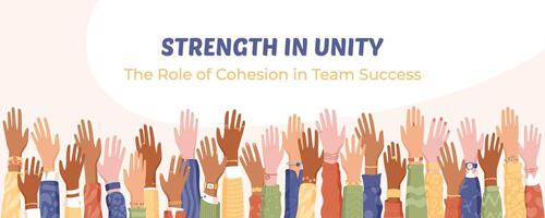 Raised colorful hands symbolize community unity and teamwork. A vibrant representation of people, solidarity, and diverse support. Ideal for charity, volunteerism, banners, social campaigns, vector