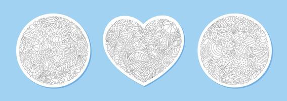 Underwater pattern sketch with round and heart shapes of seashells. Contour outline of marine elements and aquatic mollusks. Seamless concept with delicate sea background, showcasing shells in vector