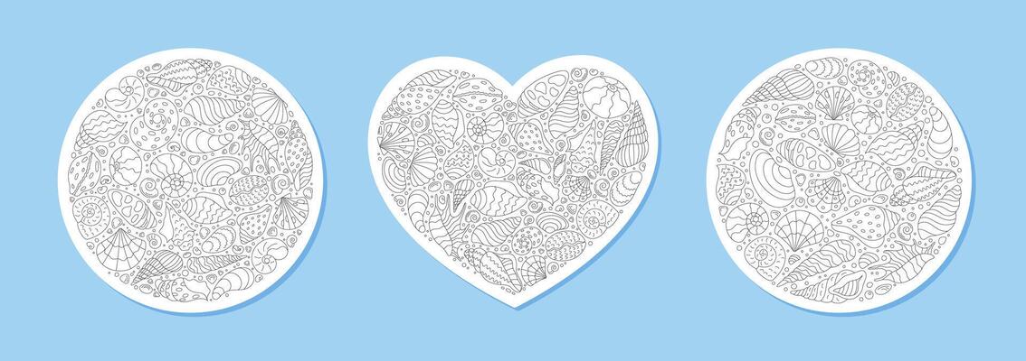 Underwater pattern sketch with round and heart shapes of seashells. Contour outline of marine elements and aquatic mollusks. Seamless concept with delicate sea background, showcasing shells in