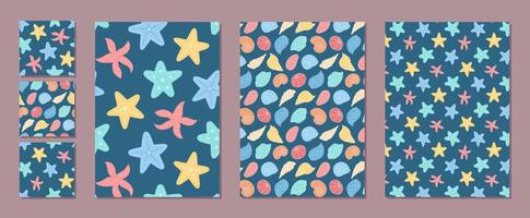 Underwater marine seamless pattern set with vibrant cartoon starfish and seashells. Ocean background highlights sea and shell motifs. Ideal for summer designs, marine projects, coastal decorations. vector