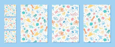 Seamless marine life pattern with aquatic creatures in flat cartoon graphic style set. Underwater sea and ocean elements include fish, coral, and jellyfish. Perfect decorative set for marine vector