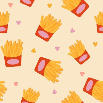Seamless pattern red boxes, crispy french fries, colorful hearts. For food packaging, textile prints, and cafe themed decorations.