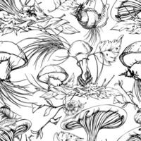 Russula webcap Suillus larch bolete slippery jack mushroom. Fungi natural seamless pattern hand drawn in ink. Crawling snail on cap, on top of fallen autumn leaves pile with twigs, pine needles vector