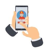 Calling firefighters on a mobile phone. Emergency service. vector