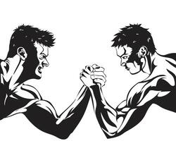 Dynamic black and white silhouette illustration of two strong men competing in arm wrestling, showcasing power, masculinity, and intense competition. Perfect for sports and fitness design projects. vector